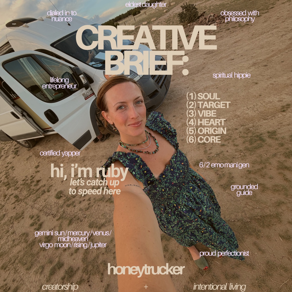 Ruby's creative brief: a selfie beside her van in the desert, surrounded by words that describe her